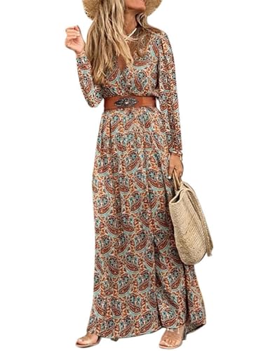 Woolicity Womens Summer Maxi Dress Boho Floral Wrap V Neck Long Sleeve Beach Flowy Long Dresses Brown M