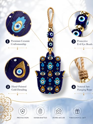 Image of Evil Eye Hamsa Hand Hanging for Home Decor, Nazar Battu Protection Wall Hanging, Hamsa Hand Ornament with Evil Eye Beads, Entrance Door Decor, Housewarming Gift, Office Decoration