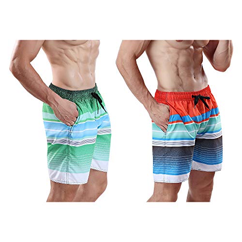 Milankerr Men's Swim Trunks Stripes(2Pcs Pack) (Lime Green-Red Stripe, S(Waist 28"-30")) #TOP2