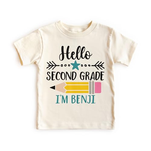 Hello Second 2nd Grade Personalized Shirts For Boys - Custom Name Back To School Pencil Outfit - Cute Gift For First Day Of School Announcement - Natural Toddler & Youth T-Shirt