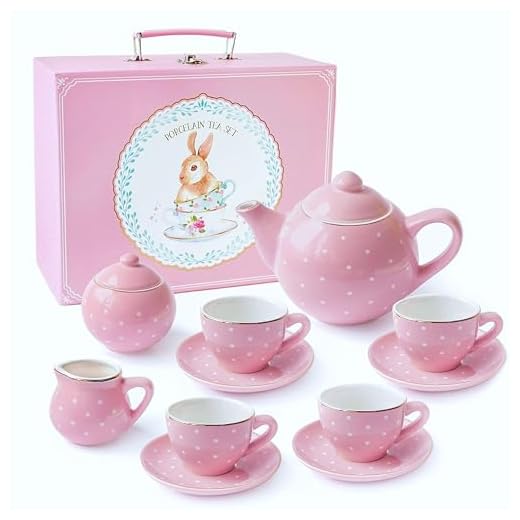Jewelkeeper Porcelain Tea Set for Little Girls, Pink Polka Dot, 13 Pieces
