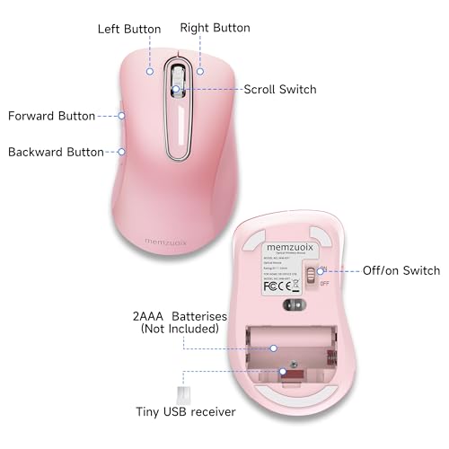 Image of memzuoix 2.4G Portable Wireless Mouse, 1400 DPI Mobile Optical Cordless Mice with USB Receiver for Computer, Laptop, PC, Desktop, MacBook, 5 Buttons (Pink)