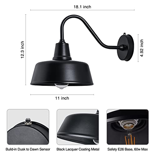 Image of Barn Lights Outdoor Gooseneck Lighting, Dusk to Dawn Black Exterior Barn Lights for House, Farmhouse Wall Lighting Fixtures with Sensor for Porch Garage (1, 11 inch Diameter)