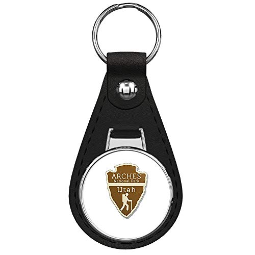 PRS Vinyl Arrowhead Shaped Arches National Park (rv Hiking Camping) Black Leather Keychain Silver Keyring
