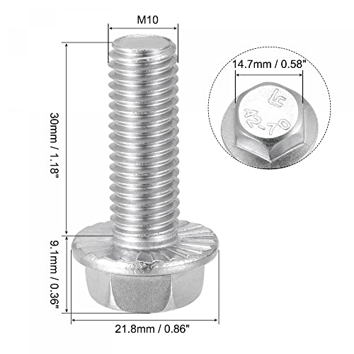 Image of uxcell M10x30mm Hex Serrated Flange Bolts Screws Metric Thread 304 Stainless Steel 6pcs