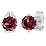 Gem Stone King Round Gemstone Birthstone Stud Earrings For Women Men | Rhodium Plated | Round 5MM | Fine Gifts for Mom Dad Her Him Wife Husband | Rhodolite Garnet