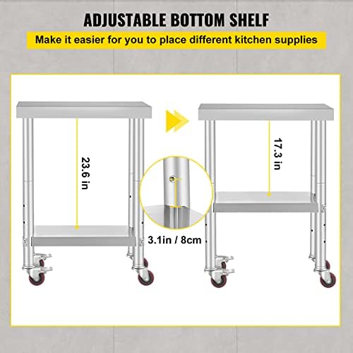 VEVOR Stainless Steel Catering Work Table 12x24 Inch Commercial Work Table with 4 Wheels Commercial Food Prep Workbench with Flexible Adjustment Shelf for Kitchen Prep Table