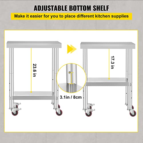 VEVOR Edelstahl Catering Arbeitstisch 61 x 30 x 85 cm, 150 kg Belastbarkeit, Lebensmittel Zubereitungstisch mit Nachlauf, 4 verstellbare Füße