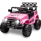 HAUSPROFI Kinder Elektroauto 12V, Offroad Quad Elektrisches Kinderauto mit Fernbedienung, LED-Licht, Musik, USB, 3-Punkt-Gurt, Elektrofahrzeug ab 3 Jahre, für Outdoor Abenteuer(Rosa)