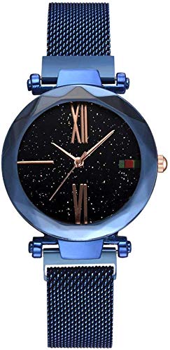 Damenuhr Quarz-Armbanduhr mit rundem Zifferblatt Sternenhimmel-Uhr mit magnetischer Schnalle für Elegante Frauen, Blau