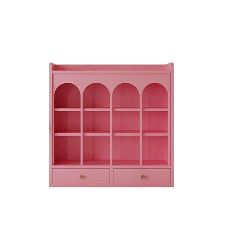 GHuBafy 3 Tier Grid Mug Rack, Wooden Cup Holder with 2 Drawers, Arch design Mug Holder, Multifunctional Perfume Organizer, Countertop Organizer for Living Room, Kitchen(Pink)