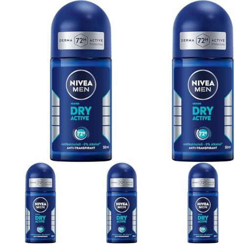 NIVEA MEN Dry Active Deo Roll-On, effektives Antitranspirant mit 72h Schutz für ein trockenes Hautgefühl, antibakterielles Deodorant mit Dual Active Formel (50 ml) (Packung mit 5)