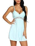 Ababoon Women Lace Modal Sleepwear Chemises V-neck Full Slip Babydoll Nightgown Light Blue