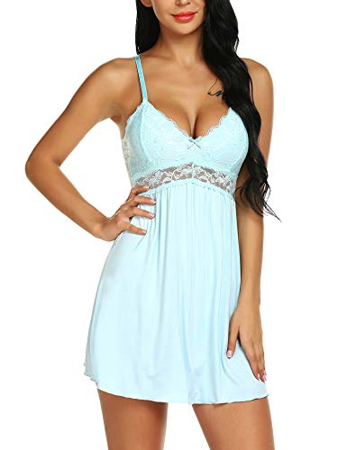 Ababoon Women Lace Modal Sleepwear Chemises V-neck Full Slip Babydoll Nightgown Light Blue