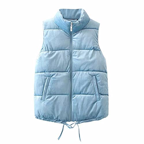 LUOY Weste Damen,Damen Steppweste Fashion Hellblau Kurzer Samt Kordelzug Saum Stehkragen Reißverschluss Winter Dicker Winddichter Bodywarmer Weste Ärmellose Jacke Mantel Wattierte Weste Bluse,L Cover