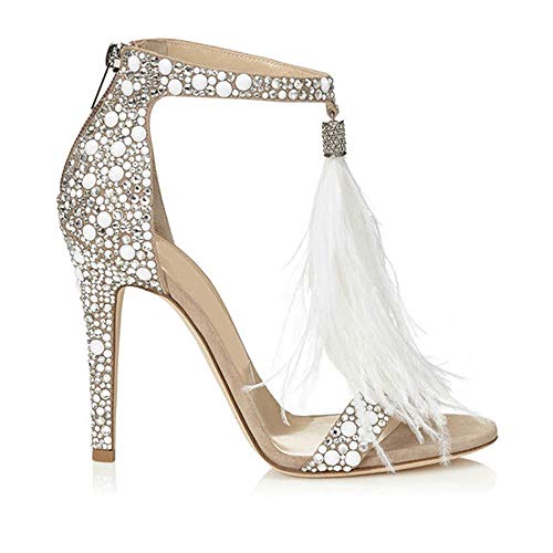 Hinyyrin Women's Tassels Rhinestone Heeled Sandals Wedding Dress White Sandals Stiletto Heel Pearl Size 7 #TOP5