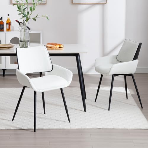 DAYALANE Lot de 2 Chaise de Salle à Manger en Fausse Fourrure Chaise de Cuisine avec Pieds en Métal Chaises Salon Scandinave pour Cuisine, Blanc
