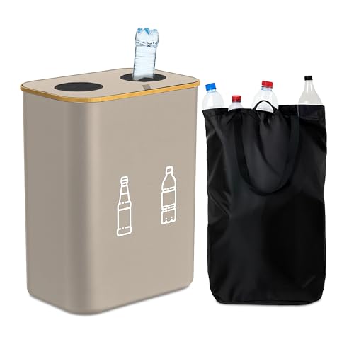 Relaxdays Contenitore per bottiglie Contenedor para Botellas 160 L, 2 Bolsas, 75 x 57 x 37 cm, Flaschensammler para Vidrio y plástico, Beige, Algodón, Bambú, 70 x 57 x 37 cm