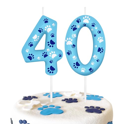 Blue Dog Paw 40th Birthday Number Candles, Number 40 Candle Cake Toppers for Dog Lovers Themed Parties, 40th Birthday Cake Candles for Boys and Girls, Kids Party Supplies