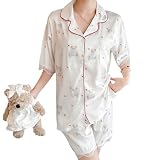[AQRTPXU] サテンパジャマ レディース 襟付き 上下セット レース ルームウェア 2点セット(半袖シャツ+ショートパンツ)おしゃれかわいい ゆったり 薄手 吸汗速乾 部屋着 肌触り良い 夏