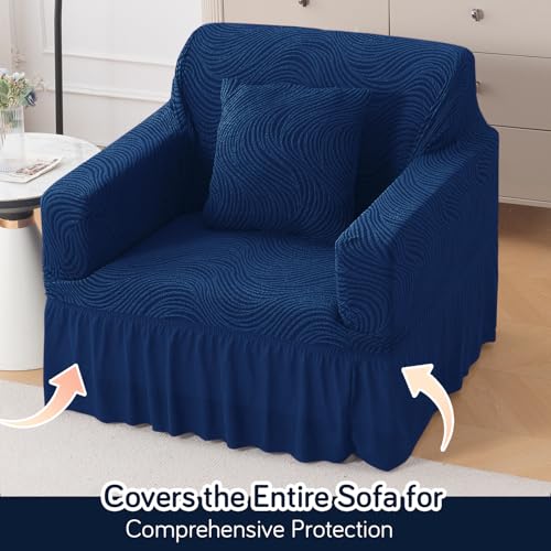 Image of HOKIPO 240 GSM Premium Jacquard Sofa Cover 1 Seater Fully Covered, 'Serene Wave Series' Navy Blue (AR-6352-NBL)