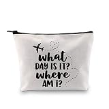 G2TUP Flight Attendant Gift What Day Is It Where Am I Makeup Bag Stewardess Aviation Cosmetic Bag Travel Bag for Stewardess Flight Crew (What Day Is It Where Am I White Bag)