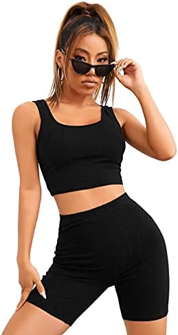 SheIn Women's Two Pieces Ribbed Lounge Sets Crop Tank Top with Biker Shorts  Set Black Small: Buy Online at Best Price in Egypt - Souq is now Amazon.eg