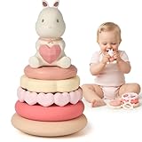 Moonkie Bunny Baby Stacking Toys | 7-Piece Silicone Rings for Teething Relief | Educational Toy for Infants & Toddlers 6 Months+ | Baby Shower or Birthday Gift for Girls