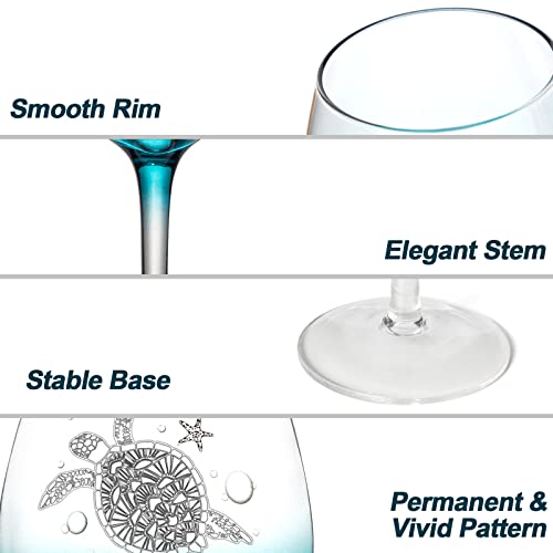 Hand Blown Wine Glasses For Red Or White Wine, Set Of 2 Turtle Burgundy Glasses, Gifts For Turtle Lovers Mother's Day, Teal Crackle Lead-Free Stemmed Glassware For Anniversary Wedding Birthday 19 Oz #TOP2