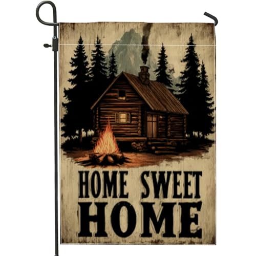 Bandera rústica de jardín con texto en inglés «Sweet Home», pancarta de bosque de cabaña de troncos marrón, arpillera de doble cara, decoración de césped al aire libre, acogedora bandera de invierno