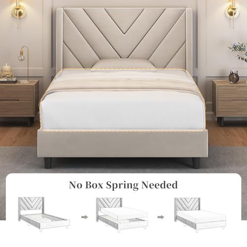 Yaheetech Twin Bed Frame Upholstered Platform Bed with Wing Side, Beige by Yaheetech - Image 7