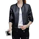 Chaqueta universitaria de piel sintética para mujer, cuello de béisbol, estilo bomber corto, estilo motero, informal, color negro, talla extragrande.