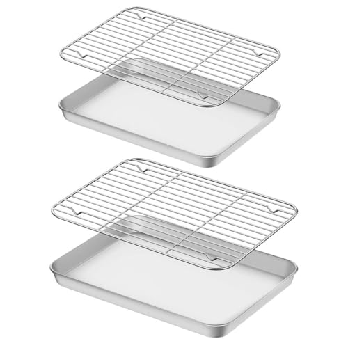 STAHAD Juego de 2 Bandejas para Horno de Acero Inoxidable con Rejilla de Enfriamiento, Tamaño 23.5x17.5x2.5 Cm y 26.5x20.5x2.5 Cm, Bandejas para Hornear y Asar, Aptas para Cocinar Pan,
