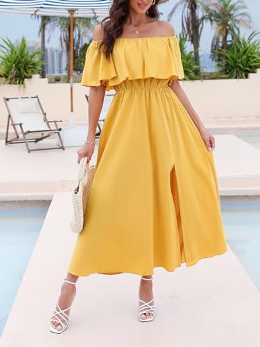 Image of CUPSHE Women Ruffle Floral Maxi Summer Dress Off Shoulder Short Sleeve Backless Flounce Bodice Slit Hem Beach Dresses