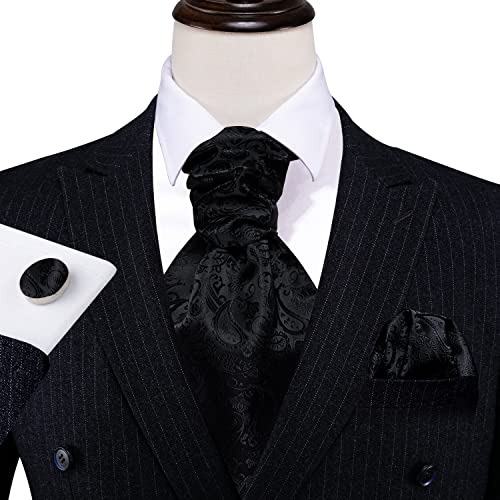 Barry.Wang Mens Ascot Ties Cravat Tie Paisley Black Scarf Self Tie Pocket Square Cufflinks Set Wedding Party - Thumbnail 4