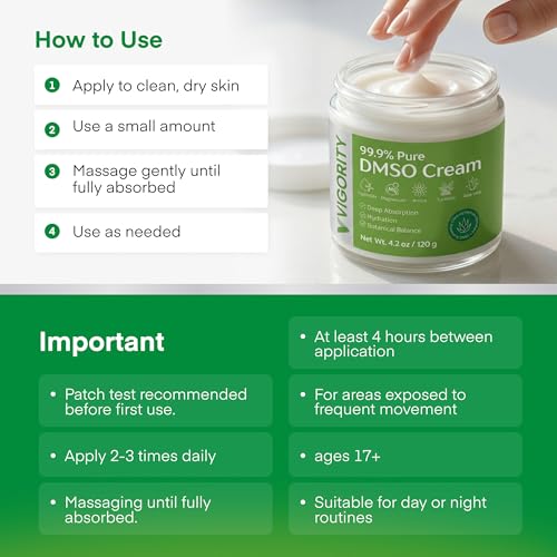 Vigority 99.9% Pure DMSO Cream – Premium Skin Cream with Aloe Vera, Magnesium, MSM & Botanical Extracts – Fast-Absorbing, Non-Greasy Daily Skin Care – 3.53 oz (100g)