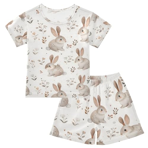 ALAZA Rabbit Bunny Flower White Watercolor Pajamas Set Short Sleeve Cotton Sleepwear Summer Pjs 2 Piece 5-14Y