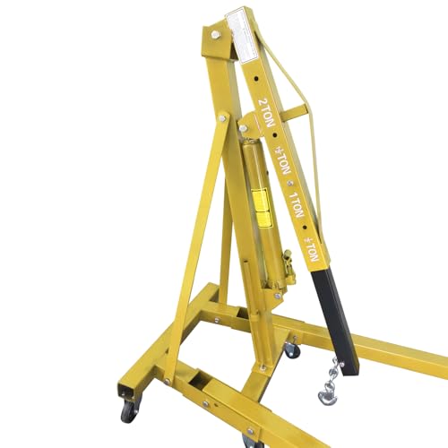 TUFFIOM 2 Ton Folding Hydraulic Engine Crane with Telescopic Boom and Outriggers and Hook, 4400 lbs Workshop Crane Lifting Cherry Picker, Heavy Duty Steel Electric Hoist, Yellow
