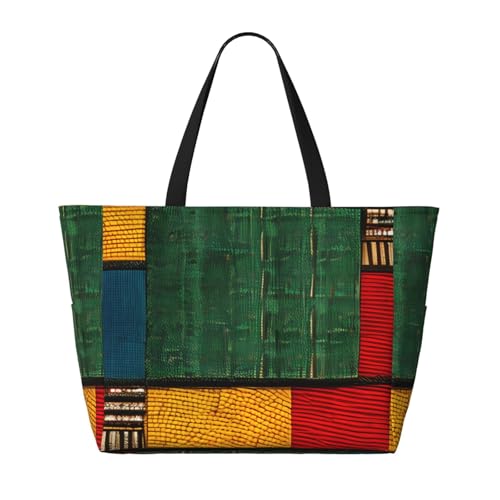 Fashion African Style Patchwork Print Beach Bag Waterproof Beach Totes Bags For Women, Lightweight Foldable Pool Bag With Zipper Wet Compartment2
