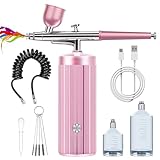 Airbrush Kit-Cordless Airbrush Compressor, Auto Handheld Airbrush Gun, Rechargeable,Portable Wireless Air Brush, Airbrush Machine for Nail Art, Painting, Cake Decor, Barber, Makeup, Model (Pink)