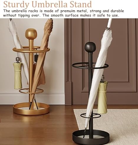 Round Umbrella Stand Holder with Handle & Hooks, Space-Saving Umbrella Rack for Home, Office & Hotel, Stylish Black & Gold Cane Racks (30x52cm)