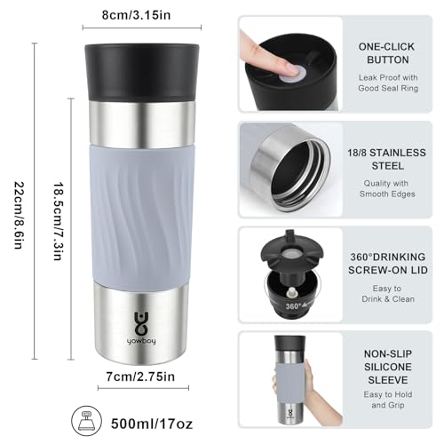 Image of Travel Coffee Mug Spill Proof,17 Oz Travel Mug with 360Drinking Lid,Double Wall Vacuum Insulated Coffee Travel Mug Stainless Steel Thermal Coffee Thermos Mugs for Hot and Cold Drinks(Grey)