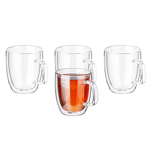 Amazon Brand - Solimo Borosilicate Glass Tea Cup, Double Wall, Extra-Wide, Heat-Resistant, Crystal-Clear, Ideal for Tea, Coffee and Other Beverages (Set of 4, 350 Ml Each)