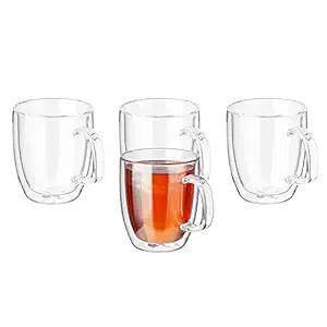Amazon Brand - Solimo Borosilicate Glass Tea Cup, Double Wall, Extra-Wide, Heat-Resistant, Crystal-Clear, Ideal for Tea, Coffee and Other Beverages (Set of 4, 350 Ml Each)