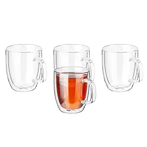 Solimo Borosilicate Glass Tea Cup, Double Wall, Extra-Wide, Heat-Resistant, Crystal-Clear, Ideal for Tea, Coffee and Other Beverages (Set of 4, 350 Ml Each)