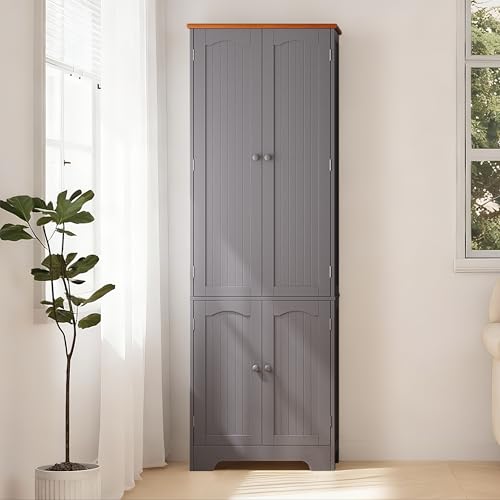 Wood Storage Cabinet- 72.2'' Pantry Cabinets for Kitchen Storage, 4 Door Freestanding Cupboard, Tall Narrow Storage Cabinets for Bathroom, Dining Room, Living Room, Laundry, Garage, Entryway, Grey