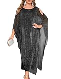ZOMVA Plus Size Elegant Formal Dress Long Cape Overlay Wedding Guest Formal Cocktail Mother of Bride Outfit, Sparkly Black, 2X
