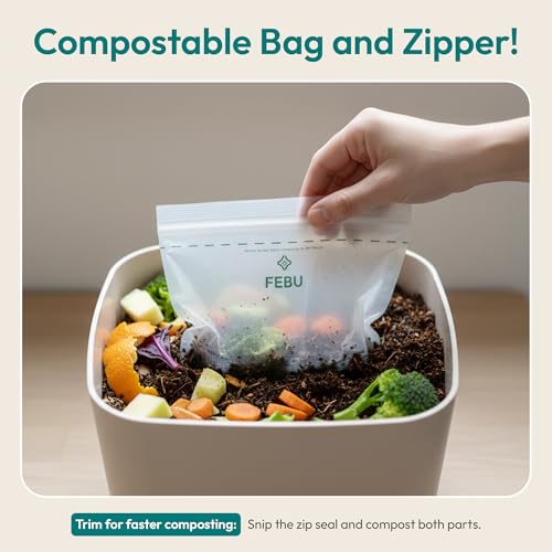 FEBU Compostable Food Storage Bags Variety Pack, 260 Count | Compostable & Biodegradable | PFAS & BPA Free | Drawer Organizer Box | 90 Snack, 90 Sandwich, 50 Quart, 30 Gallon