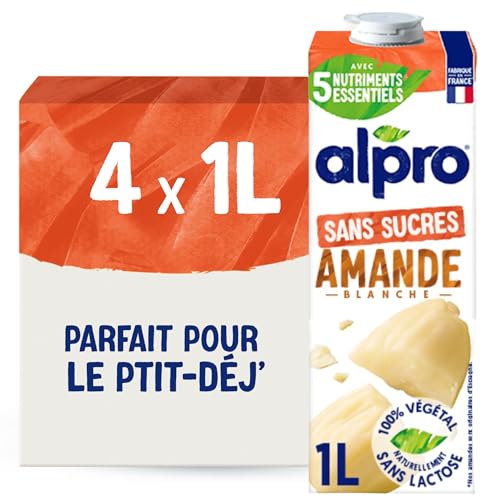 Alpro - Boisson Végétale - Lait d'Amande Non Grillée Sans Sucres - 1L - Lot de 4x1L