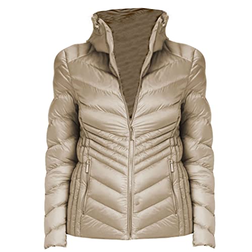 Michael Michael Kors Women's Taupe Chevron Hooded Packable Coat M